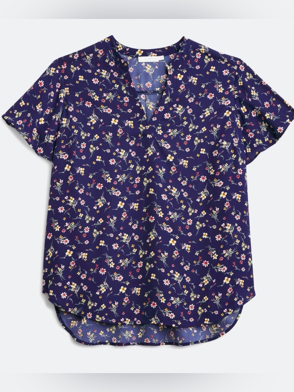 Lush Warren Flutter Sleeve Blouse Navy Floral Split V-Neck Short Sleeve Blouse